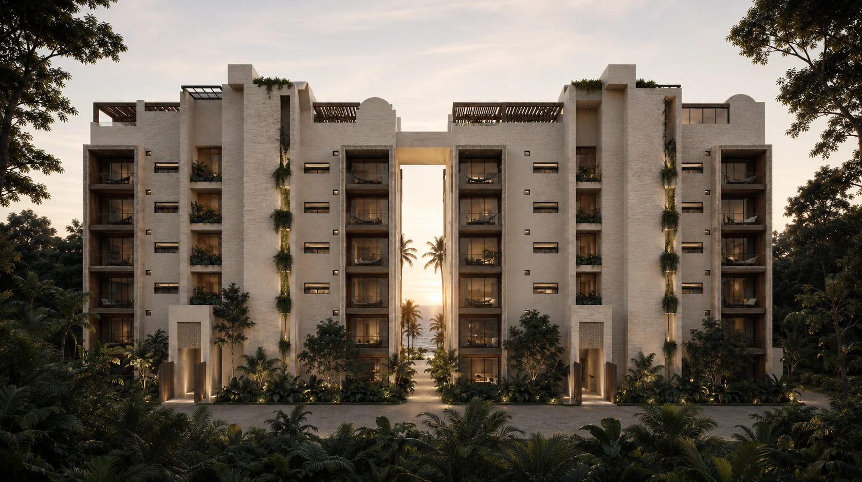 Fachada residencial de Existence Cozumel integrada a vegetación